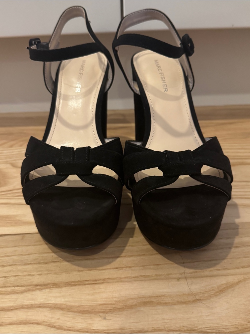 Marc Fisher Black Suede Platform Heel Sandals with Bow Accent